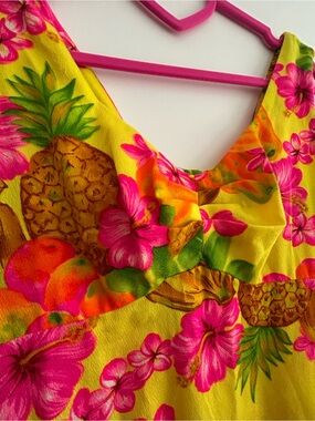 Vintage Bright Yellow Pomare Tahiti Maxi Dress with Pink Floral Print
